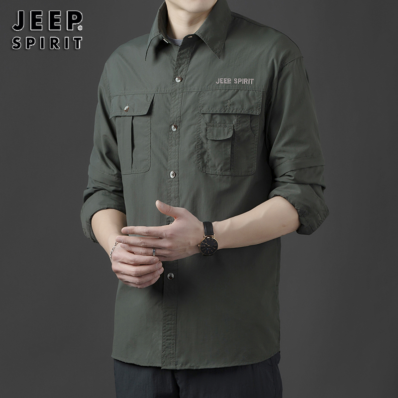 Jeep Long-Sleeved Shirt for Men with Detachable Sleeves, Summer Thin Quick-Drying Shirt, Loose Casual Men's Clothing