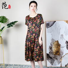Одежда для дам 【断码清仓特惠】真丝香云纱连衣裙女中年大码桑蚕丝短袖丝绸长裙