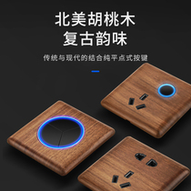 86 Solid Wood Switch Socket Hupeach Wood Five Holes Light Points With LED Retro Panel Folk Wood Grain Switch USB Socket