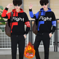 Youth plus velvet sweater men sports set students 2020 Autumn and Winter new set of casual trend hooded jacket