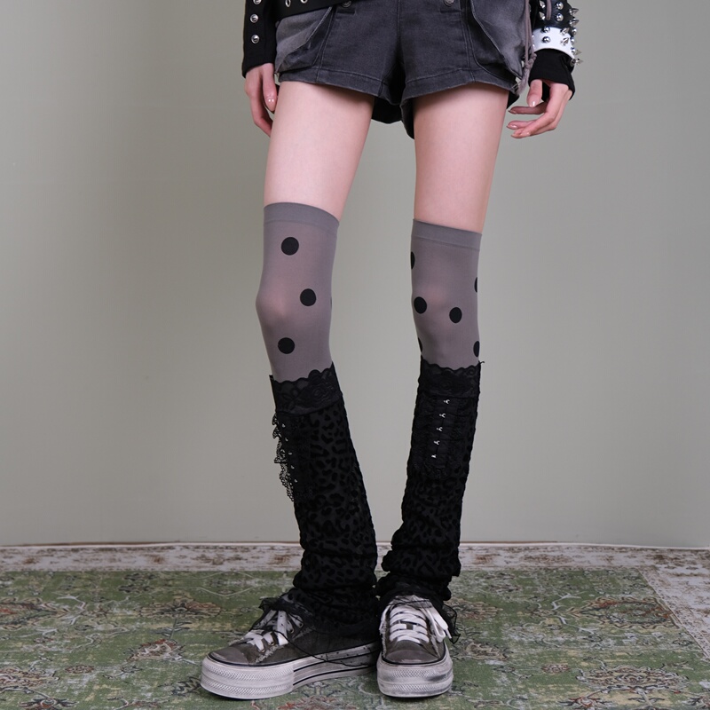 Xiling "Polka Dot Leopard Print Poetry" Fog Gray Large Polka Dot Over-The-Knee Socks + Velvet Leopard Print Lace Sock Covers for Y2K Fashionistas Xiling "Polka Dot Leopard Print Poetry" Fog Gray Large Polka Dot Over-The-Knee Socks + Velvet Leopard Print Lace Sock Covers for Y2K Fashionistas
