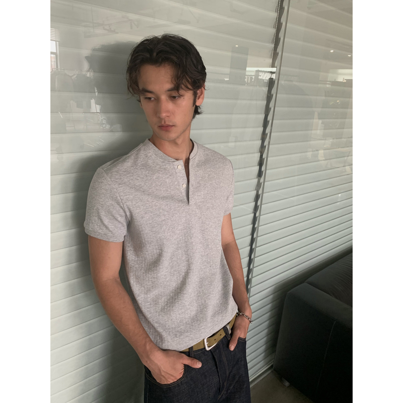 Inknots Retro Henry Collar Striped Regular Shoulder Short-Sleeve T-Shirt for Men and Women, Old Money V-Neck Half-Sleeve High-Fashion Polo Shirt