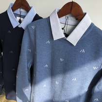 Sheep wool blended double-layer composite fabric autumn and winter business casual fake two-piece shirt collar mens knitted sweater