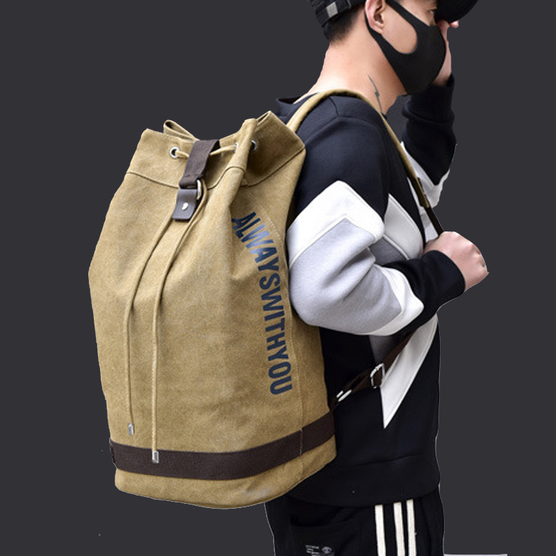 Men's double shoulder bag Men's large capacity Canvas Beam Pocket Draw Rope Travel Men's Bag Outdoor Big basketball Bucket Bag