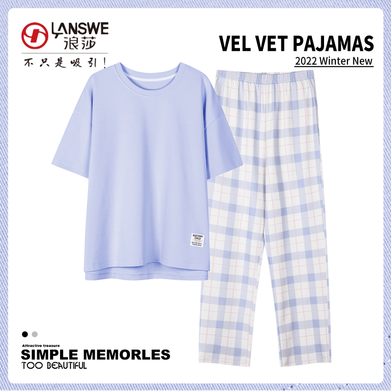 Summer pyjamas women 2022 new pure cotton suit pure color minimalist casual short sleeve long pants two sets of home clothes