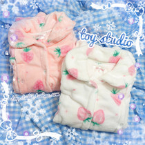 Cartoon pink strawberry soft girl flannel cute thick warm pajamas set to make moon nursing home clothes
