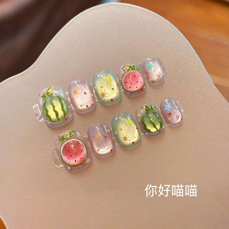 【Ice Ice Watermelon】Handmade Cat Eye Wearable Nails for Students, Short Beaded Nails, Summer Whitening Dopamine Nail Art Tips