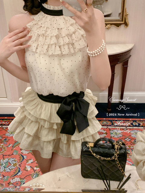 CreamySweet Vanilla Melaleuca Sweet Polka Dot Chiffon Sleeveless Top Women's Bow Cake Skirt Suit