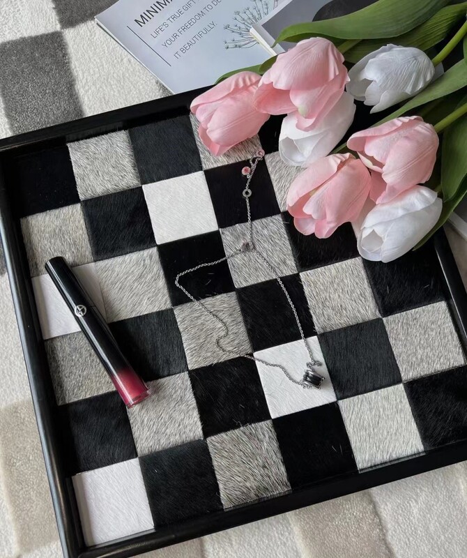 Horsehair Checkerboard Tray Entryway Storage Cosmetics Desktop Tray Black and White Gray Ornament Decorative Jewelry Tray