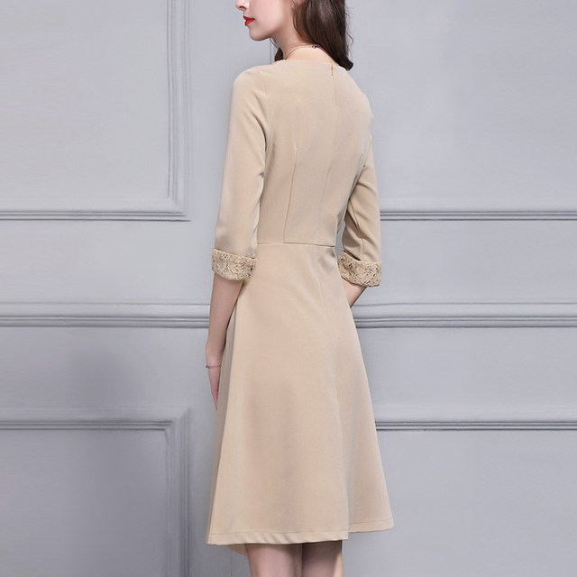 Ink Qinghua autumn new fashion temperament asymmetrical A-line skirt simple slim three-quarter sleeve dress