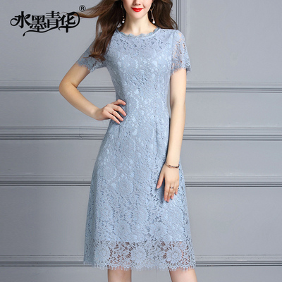 Mực Qinghua 2018 mùa hè tính khí mới thanh lịch mỏng đơn giản Một từ váy thời trang eo đầm ren Sản phẩm HOT