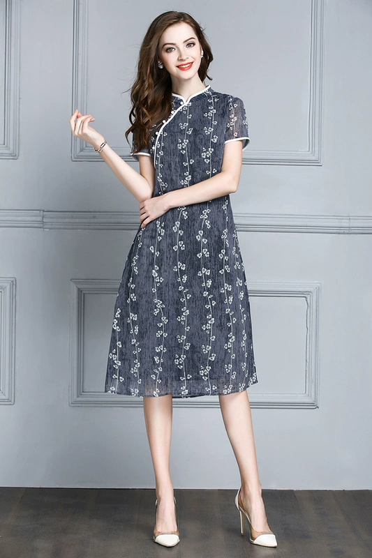 Mực Qinghua mùa hè mới retro sửa đổi sườn xám váy ngắn- tay mỏng một từ váy in đầm đầm cho người trung niên