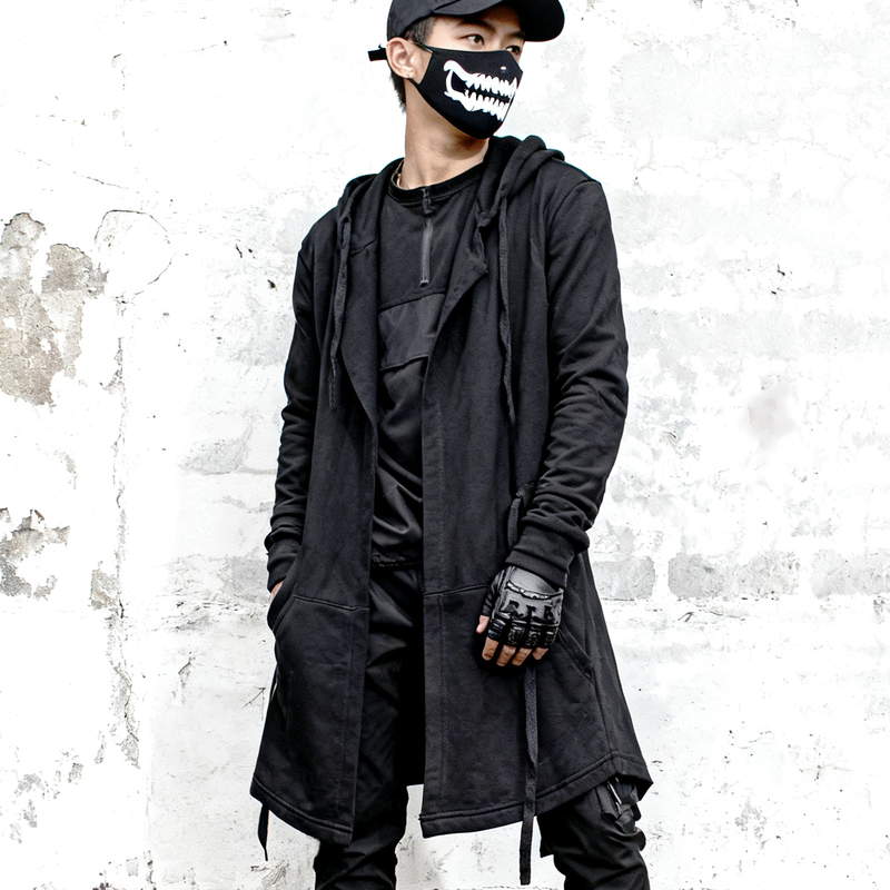 Hooded Trench Coat for Men, Mid-Length, Black, Thin, Slim Fit, with Hood, Drawstring Waist, Hong Kong Style, Stylish and Trendy for Teenagers