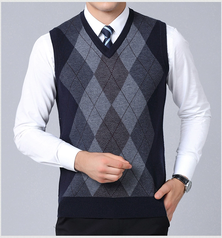 Mùa thu và mùa đông áo len nam vest cashmere cộng với nhung dày ấm áp dệt kim áo len cổ chữ K áo len không tay nam