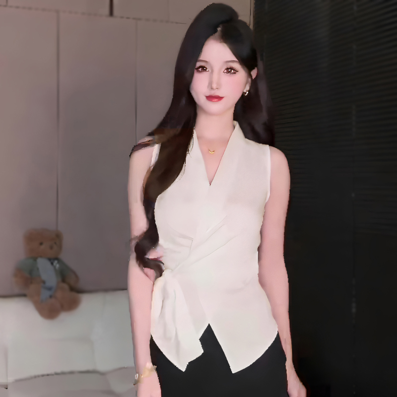 Summer Style Slim Fit Waist-Cinching Tie Sleeveless Shirt for Women, Irregular Solid Color V-Neck Satin Blouse Top