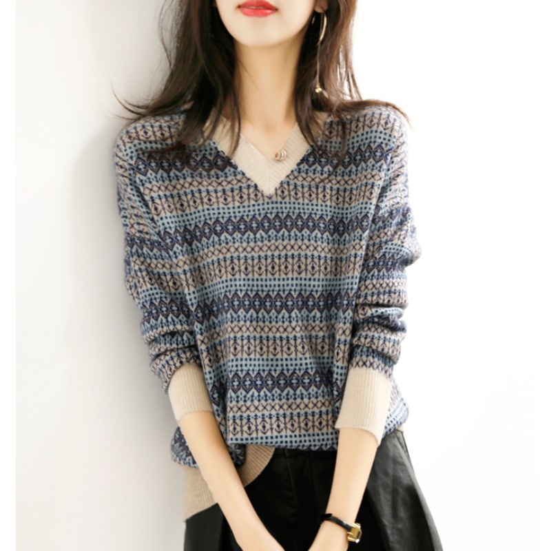 Vanhee new spring and Autumn sweater women loose outside wear pullover lazy wind wool sweater V-neck base shirt women