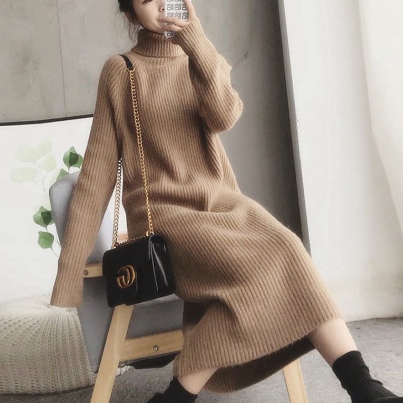 Vanhee spring and Autumn new turtleneck sweater women's loose lazy wind thickened outside the long version of the knee-length dress