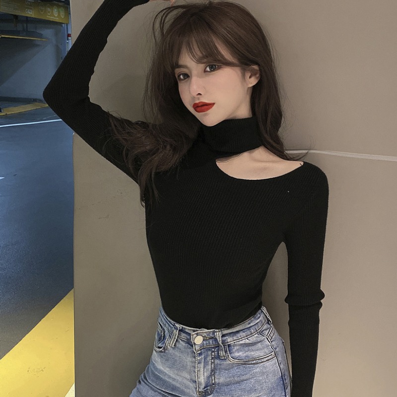 Van Hiulu Shoulder Sexy Black High Collars Undershirt Woman Springtime Fashion Foreign Pie Hitchhiking Knitted Sweaters