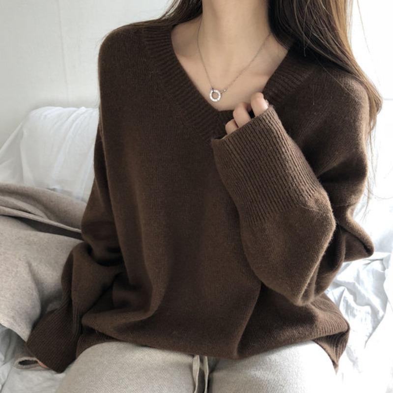 2021 the new fall cashmere sweater women's lazy wind beating bottom-knitted sweatshirt loose-in-thin internal lap V collar blouses