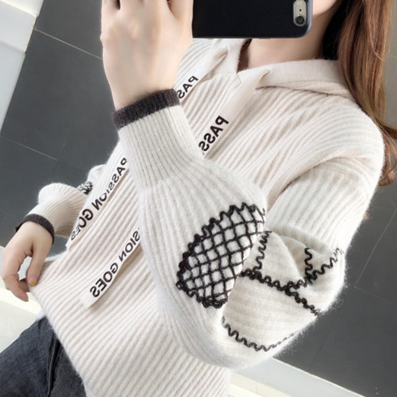 Vanhee jacquard hooded pullover sweater women loose spring and autumn 2021 new Korean lantern sleeve sweater sweater
