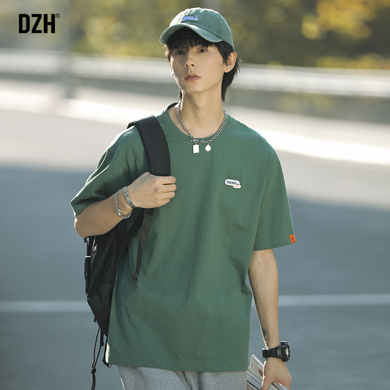 Boy green pure cotton short sleeve male tide card T-shirt trendy loose male fit 2022 new half sleeve blouse T-shirt