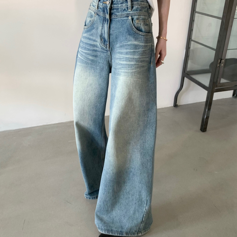 Table Korean Style Dongdaemun 2026 Spring/Summer High-Waisted Versatile Slimming Double-Layer Waistband Retro Wide-Leg Jeans for Women