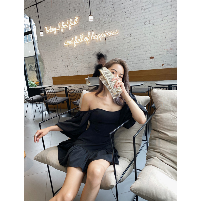 JessXu can't square things dress female summer square collar niche design slim puff sleeves mid-length version of the little black dress