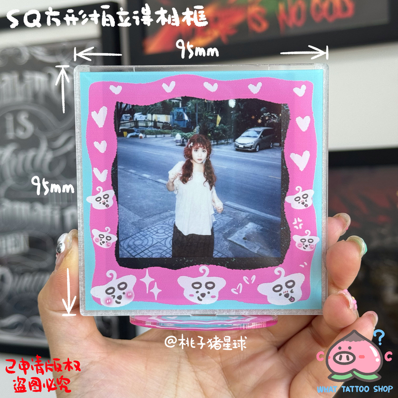 Peach Pig Planet |   Original Cute Cartoon Schnauzer Puppy Sq 4inch Square Polaroid Photo Frame Stand
