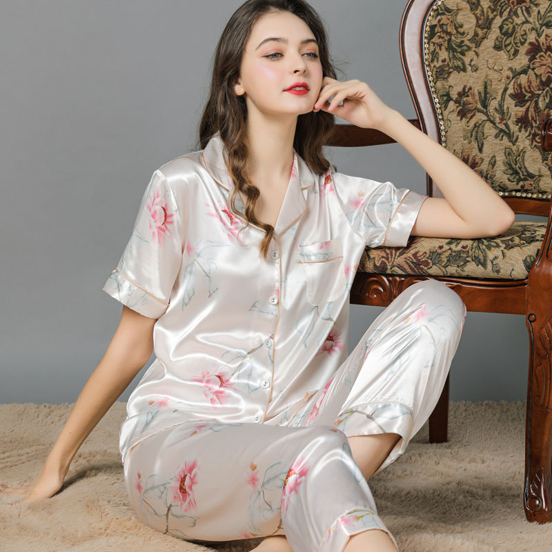 High-End Women's Two-Piece Pajamas Set, Summer Short-Sleeved Printed Loose Suit, Mother's Silk Long-Sleeved Home Wear, Thin Style High-End Women's Two-Piece Pajamas Set, Summer Short-Sleeved Printed Loose Suit, Mother's Silk Long-Sleeved Home Wear, Thin Style