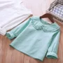 2018 mùa thu mới bé gái cổ áo búp bê màu rắn trẻ em áo sơ mi nữ bé cotton đáy quần áo bé gái 4471 đồ trẻ em