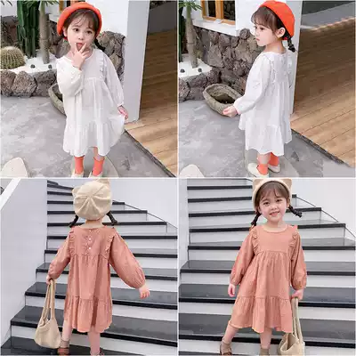 2021 middle and small girls autumn Korean version of solid color sweet style dress baby wooden ear loose casual skirt 5838
