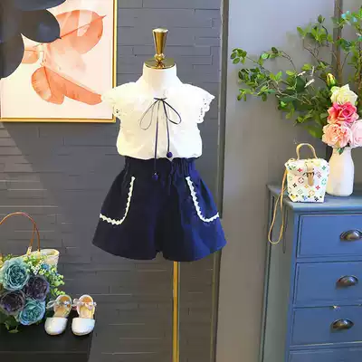 2021 summer new Korean children's suit female baby sleeveless top Western high waist shorts 2-piece set 5417
