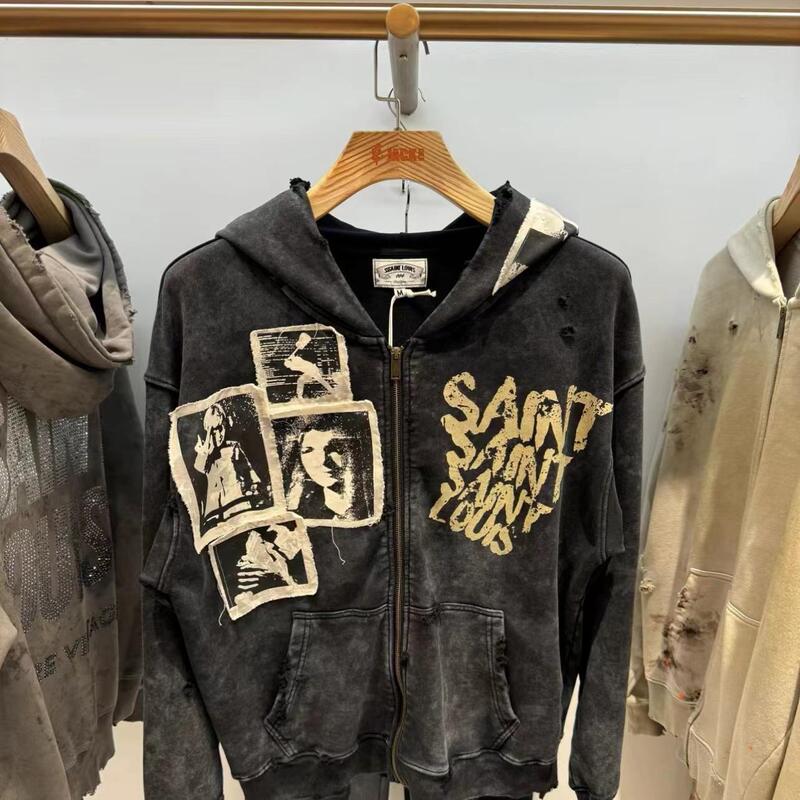 Ma Jiaqi's Same Style Sssaint Louis Character Portrait Letter Cardigan Jacket Zipper Hoodie for Men and Women