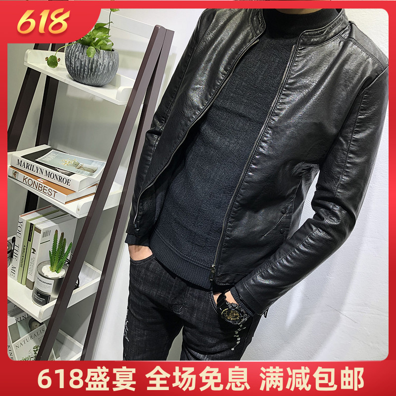 2020 spring new stand-up collar leather coat classic 100 lap gush thickened damp male Korean version swarm with real leather jacket