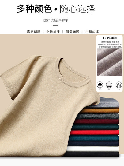 鄂尔多斯市羊毛衫男圆领短袖针织衫秋新款中青年纯色半袖T恤毛衣