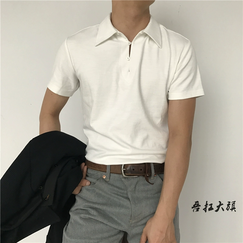 Ami 咔叽 Mỹ retro handmade tre bông cổ áo cổ áo POLO áo sơ mi nam ngắn tay không-Henry cổ áo T-Shirt nam mùa hè