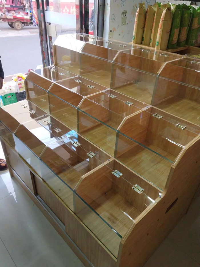 Five grains dried fruit display cabinet Supermarket wooden shelf Rice grain bucket Rice bucket Snack grain shelf Bulk cabinet