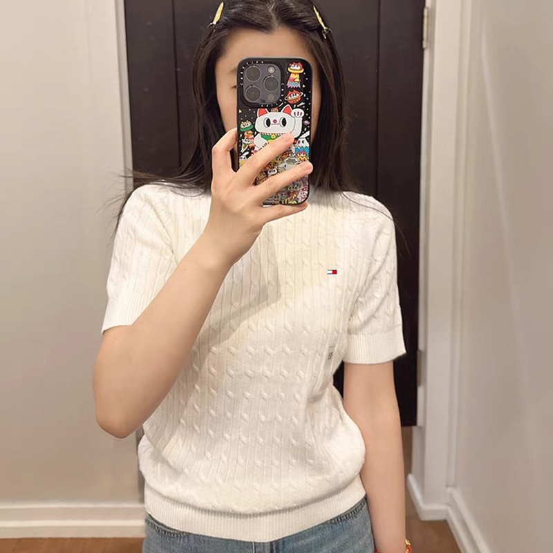 Tommy Short-Sleeved T-Shirt for Women, Summer Fashion Casual Cable Knit Pullover Round Neck Knitwear Sweater Half-Sleeve Top