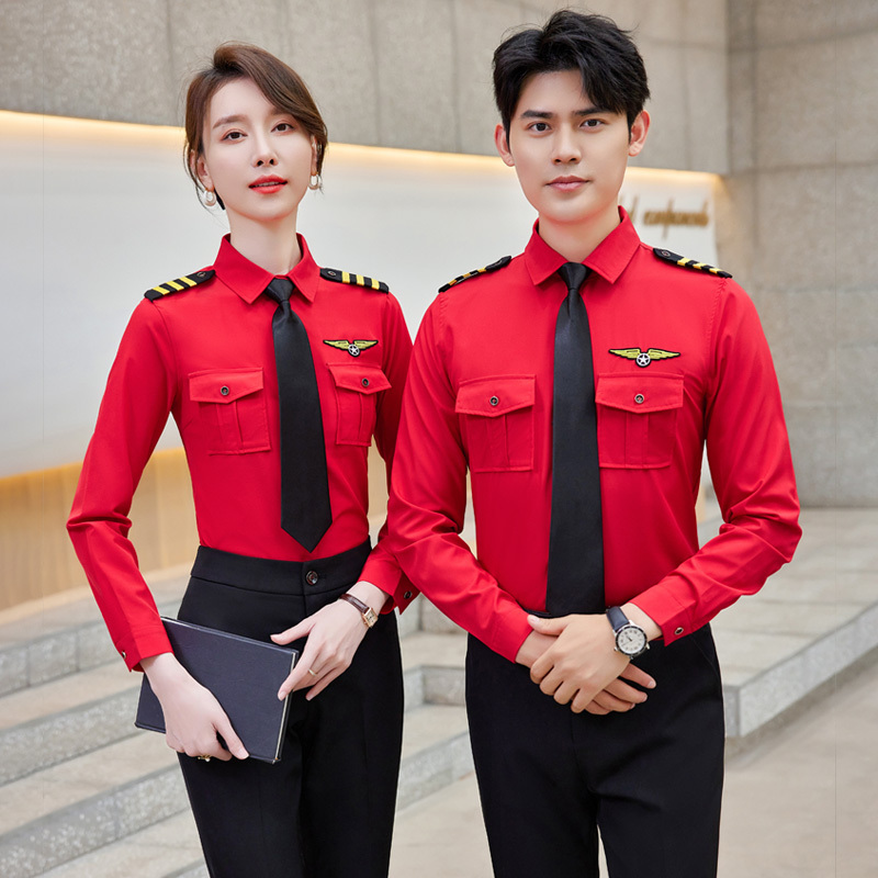 New Style Stewardess Uniform Set, Professional Attire for Female Flight Attendants, Band and Drum Team Performance Clothing, Long-Sleeved Shirt