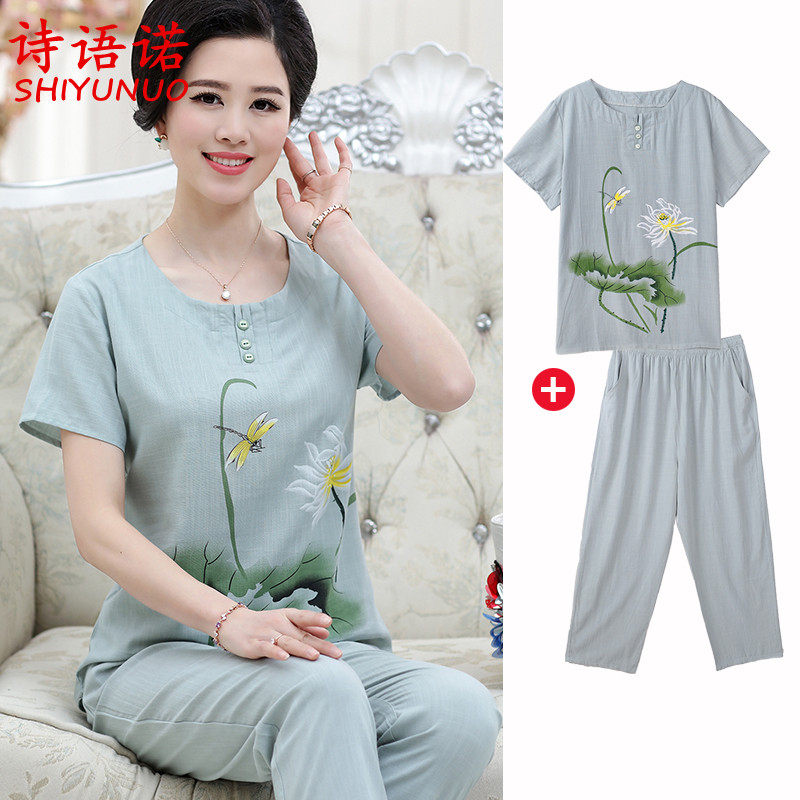 Mother dress cotton linen suit Summer short sleeve T-shirt 50 years 60 middle aged grandma dress with summer clothes pure cotton silk suit