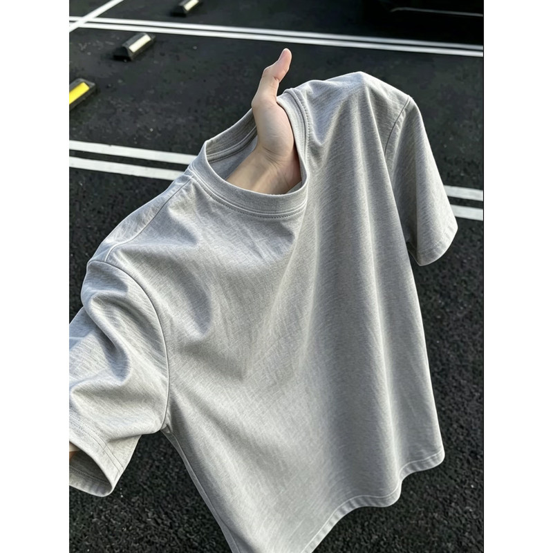 Heavyweight Pure Cotton Light Gray Simple Solid Color Short-Sleeve T-Shirt for Men and Women, Summer Loose Round Neck Pullover with a High-End Feel Heavyweight Pure Cotton Light Gray Simple Solid Color Short-Sleeve T-Shirt for Men and Women, Summer Loose Round Neck Pullover with a High-End Feel