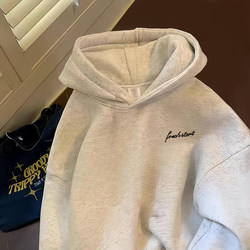 Autumn and Winter Fleece-Lined Thick White-Gray Hooded Sweatshirt for Men, Oversized, Loose, Lazy Style, Trendy and Versatile Jacket