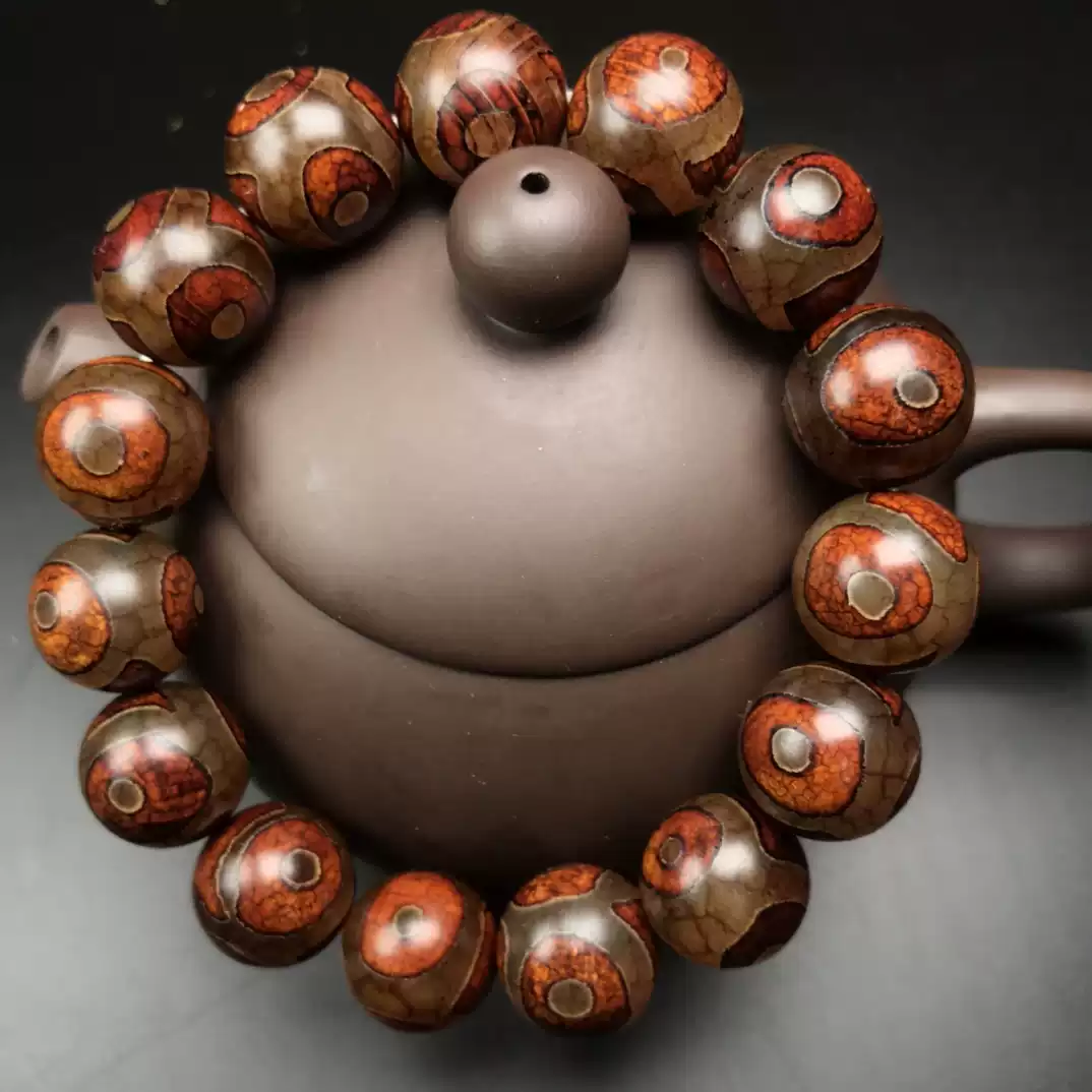 天然西藏老九眼三眼天珠紅瑪瑙鼓珠橙色天珠藏式民族風手景甜同款