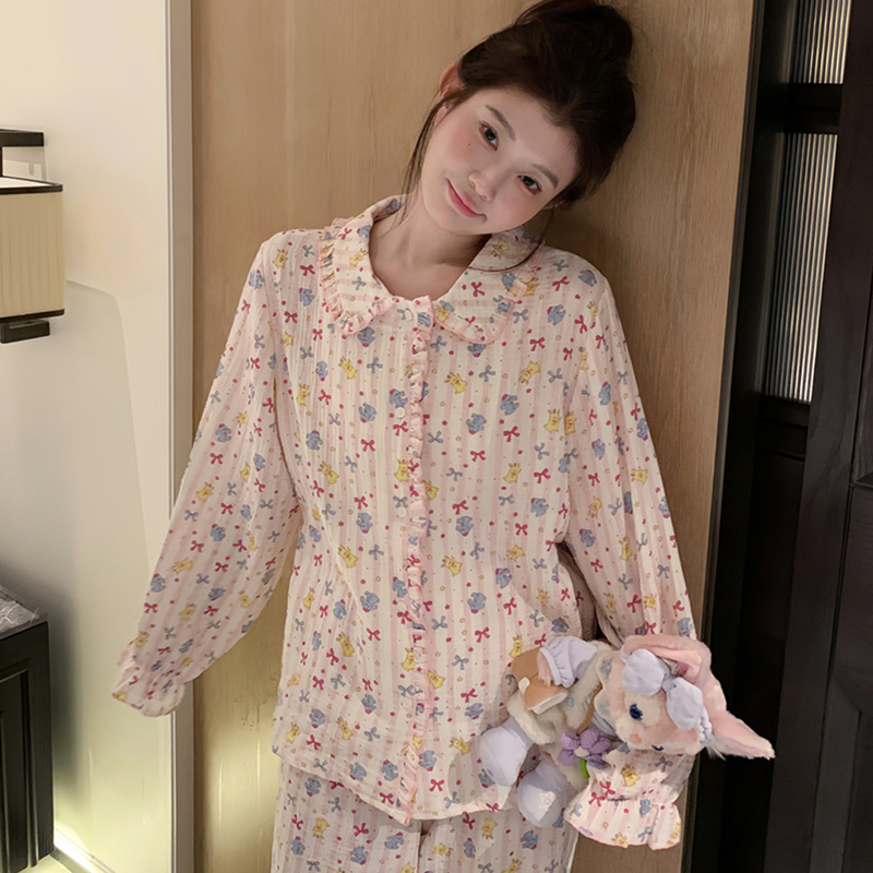 Pure Cotton Pajamas for Women, Spring and Autumn Double-Layer Gauze Doll Collar Pink Cartoon Bear Age-Reducing Girl Home Wear Set