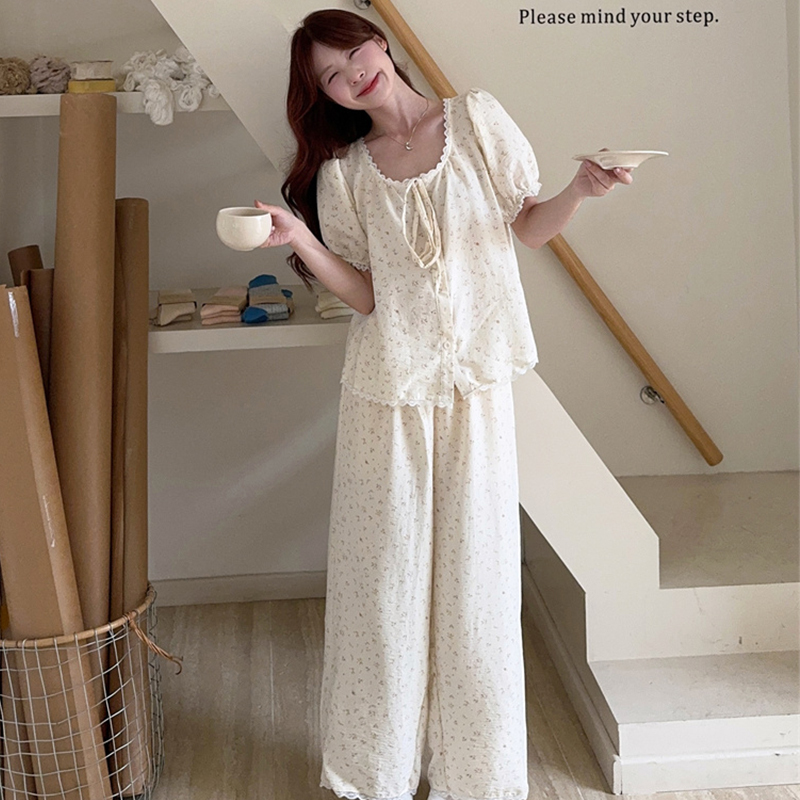 Korean-Style Floral Pajamas for Women, Summer Short-Sleeved Long Pants, Soft Cloud Cotton, Lace Trim, Warm and Sweet Loungewear