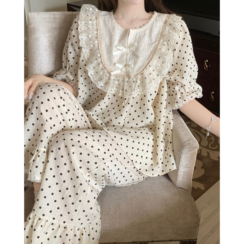 Korean Style Cotton and Linen Pajamas for Women, Summer Short-Sleeved Long Pants, Polka Dot Lace, Sweet Girly Palace Style Home Wear Set