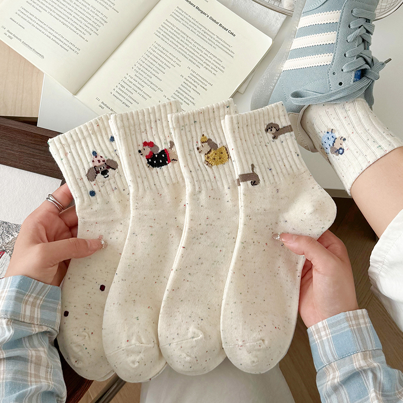 Cute Dog Socks for Women, Mid-Calf Cotton Socks, 2026 Spring New Style, Korean Cartoon Versatile Student Sports Socks for Autumn and Winter