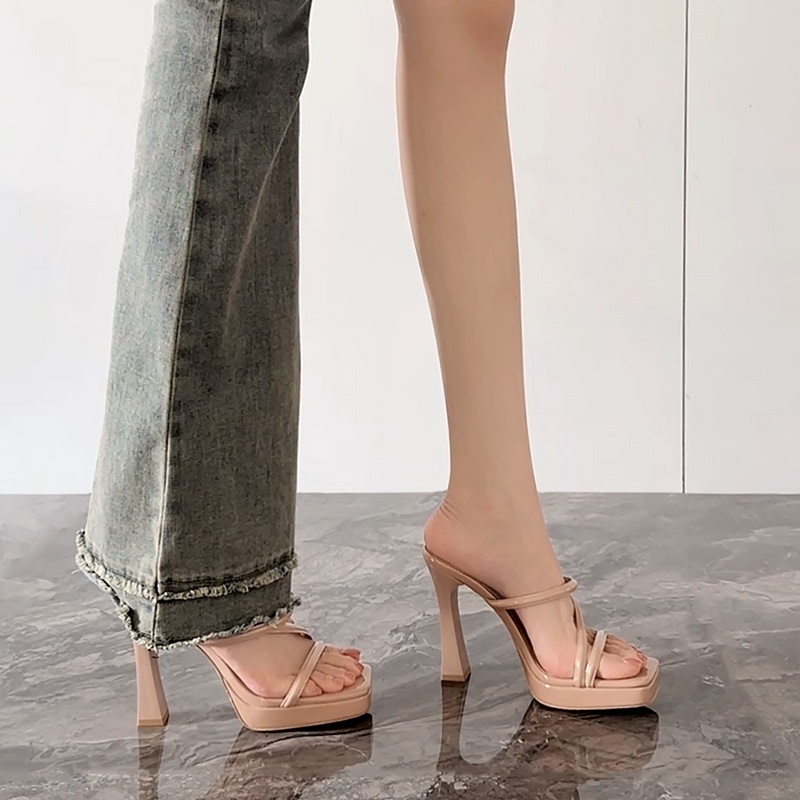 Dilimidi High-End Square-Toe Nude High-Heeled Shoes for Women, Summer Waterproof Platform, Comfortable Sandals for Women to Wear Outside