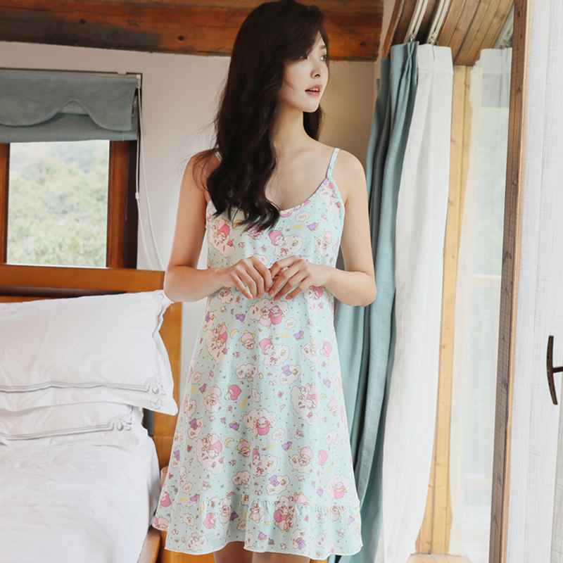 韩版学生睡衣女夏季短袖甜美可爱吊带睡裙中裙纯棉大码清新家居服