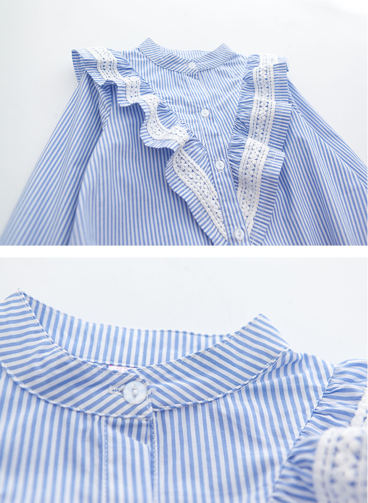 Áo cotton bé gái mùa xuân và mùa thu quần áo trẻ em lớn trẻ em tay dài sọc kèn tay áo bé gái áo cổ chữ V sơ mi bé gái đẹp